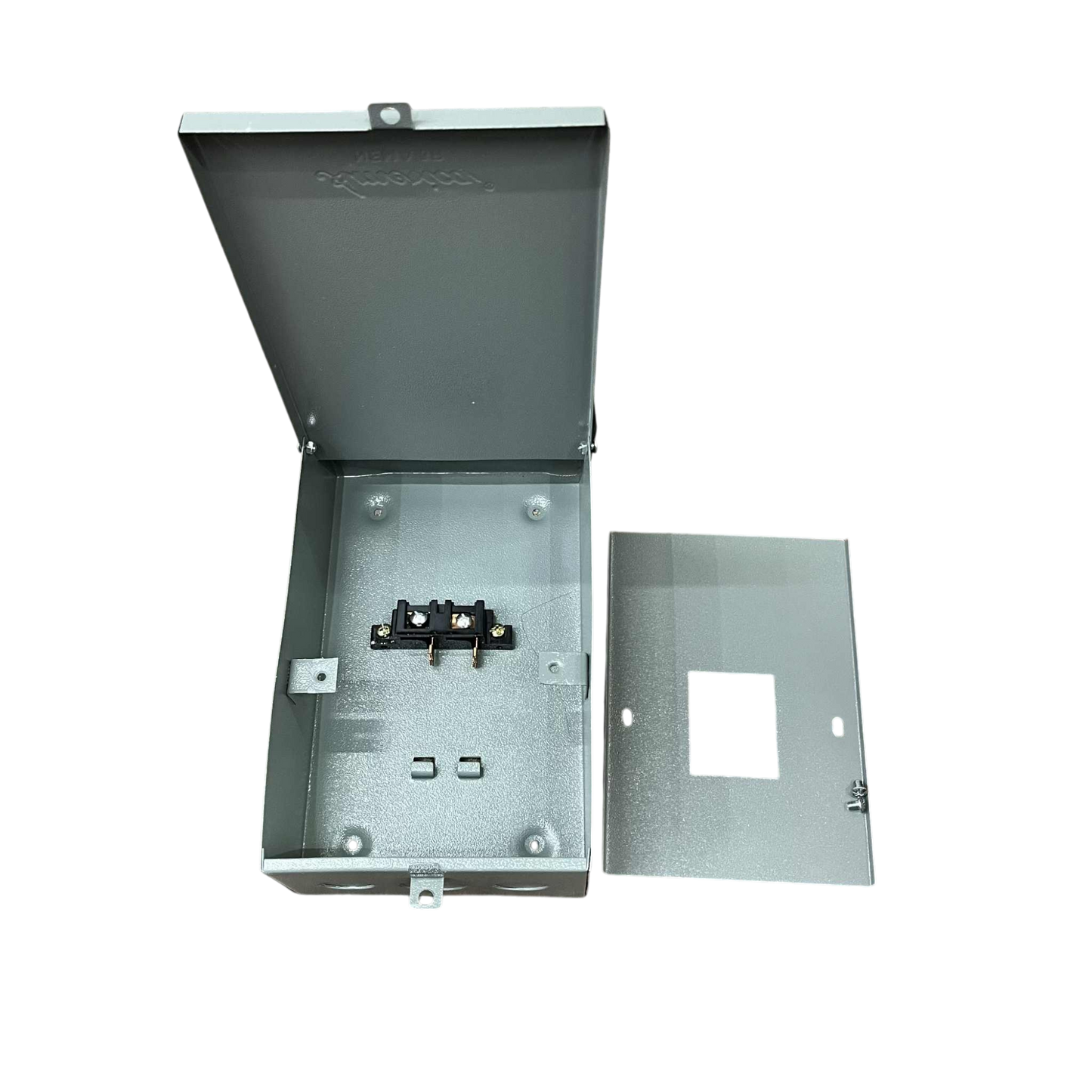 GE TQL 2 pole breaker housing in metal, open to show internal connections and mounting options