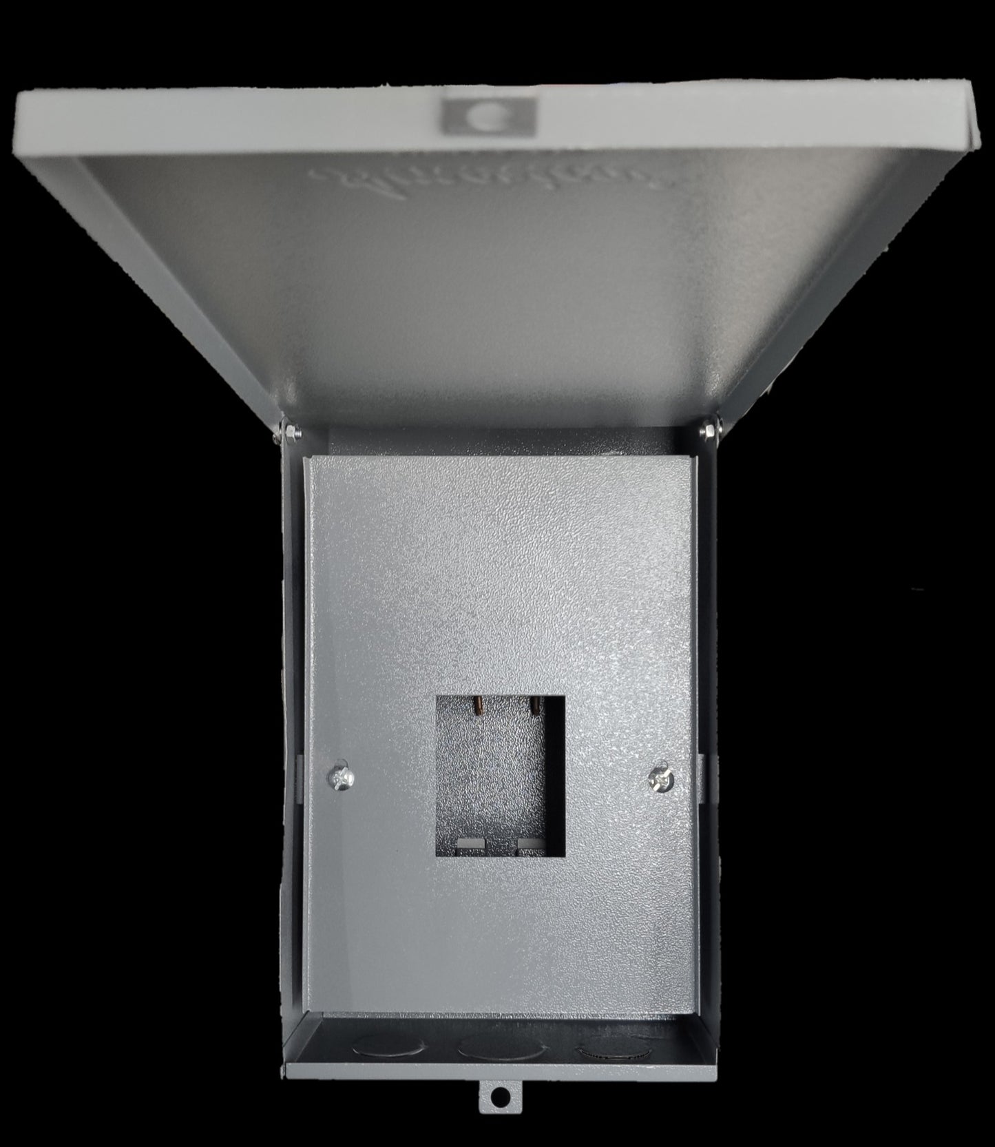 GE TQL 2 pole breaker housing made of durable metal with a hinged lid for electrical circuit protection