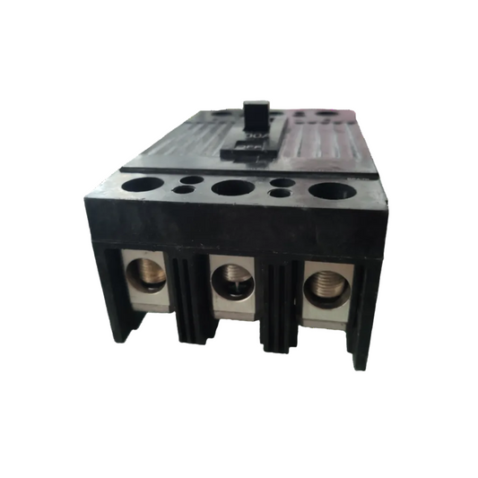 GE 150A 3 Phase 3 Pole Circuit Breaker 220V in black with metal terminals for electrical circuitry