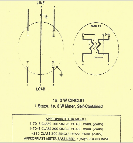GE wiring diagram showing single phase 3 wire circuit and wiring for 2 Wire CL100 I70-S 4 Jaws Analog Meter