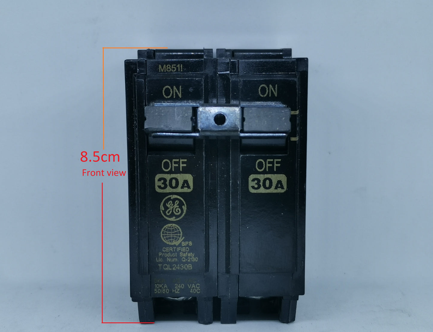 GE 30A 2 Pole Single Phase Plug-in circuit breaker switch in black with ON OFF labels