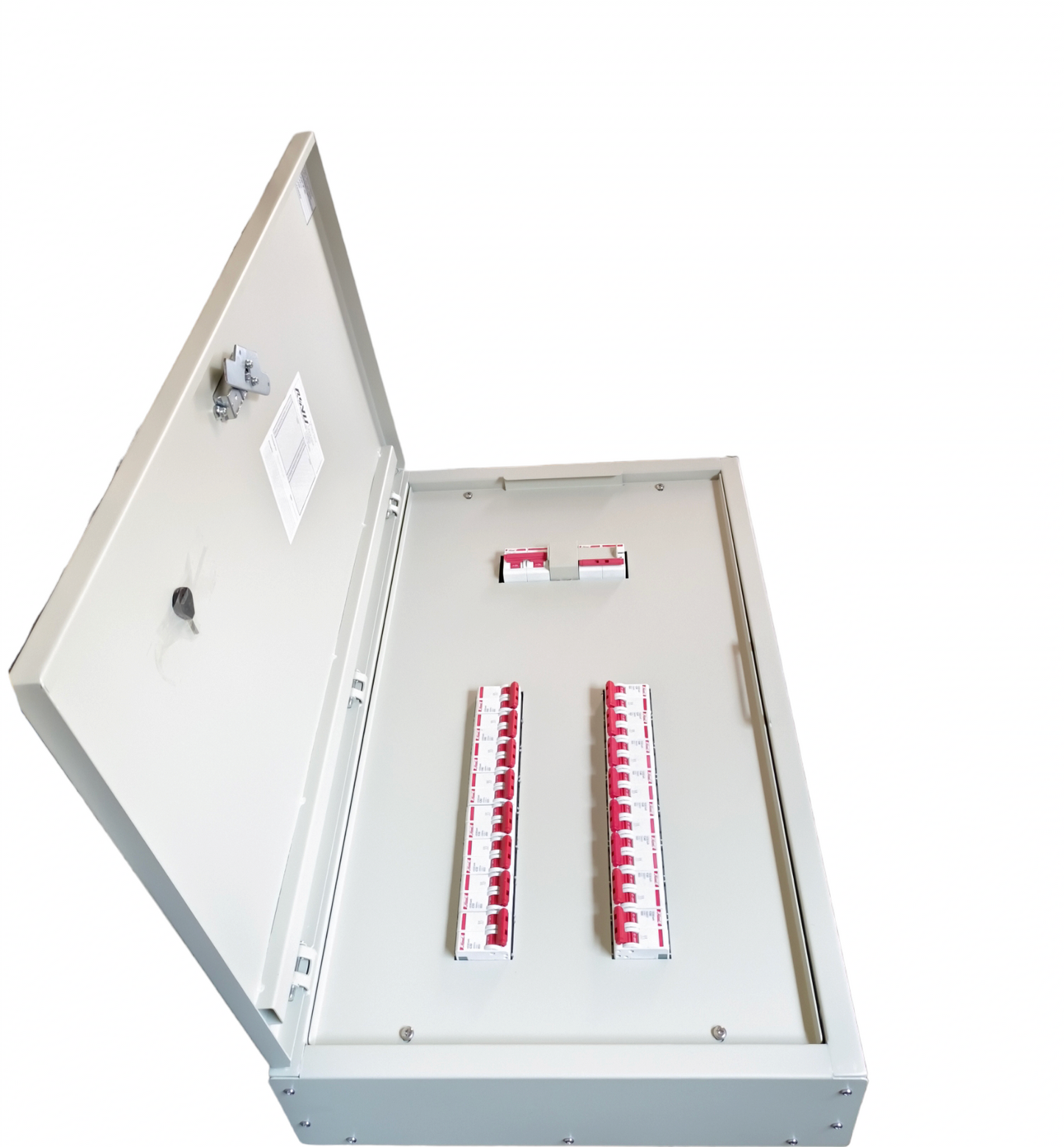 Himel 100A 2 pole circuit breaker panel with open gray metal enclosure and red switches