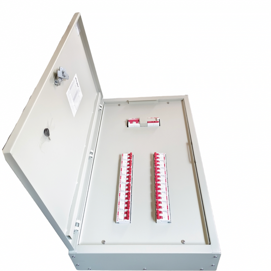 Himel 100A 2 pole circuit breaker panel with open gray metal enclosure and red switches