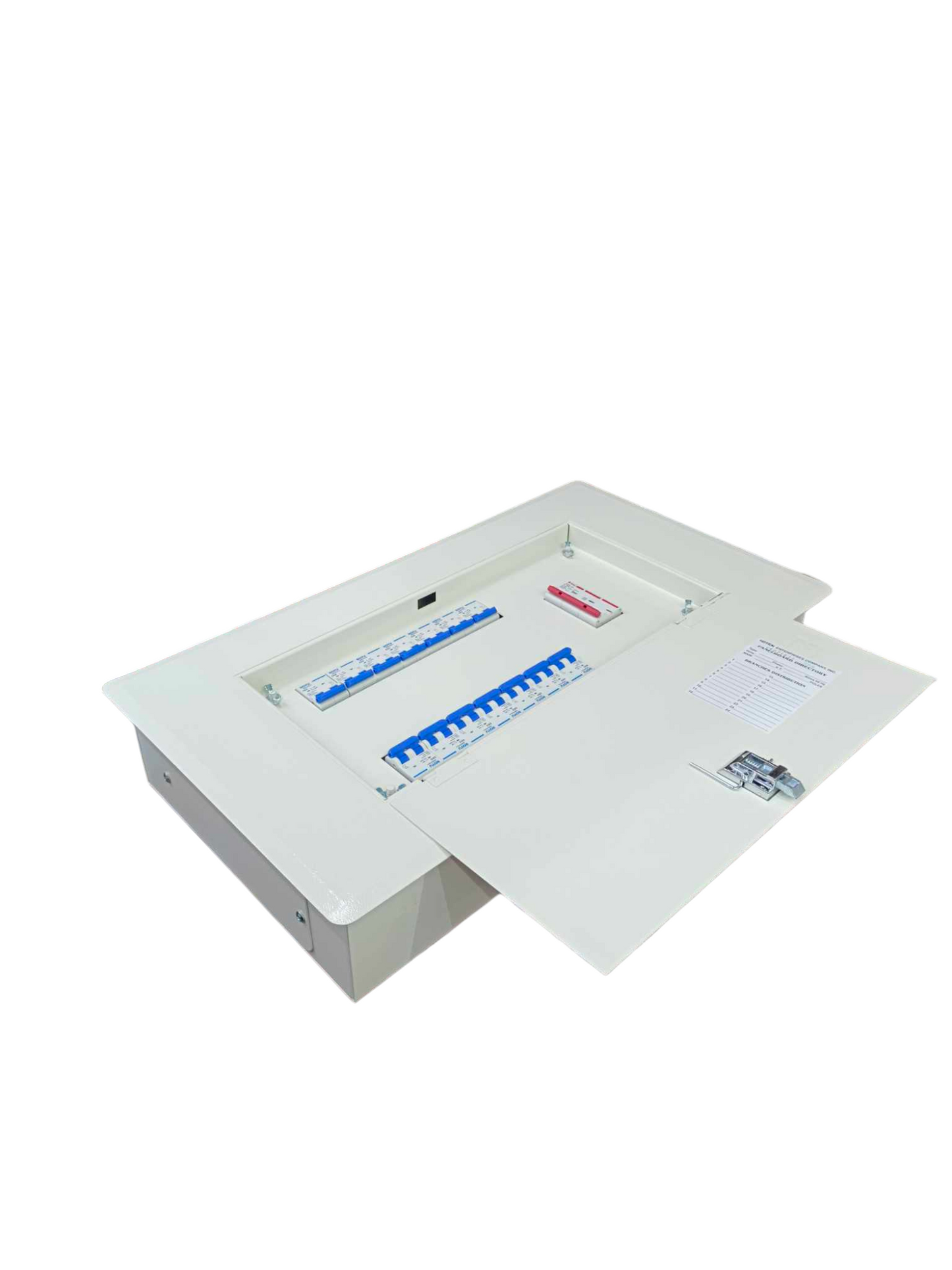 Royu Himel and Koten 100A 3 phase panel board electrical circuitry component with open white metal enclosure