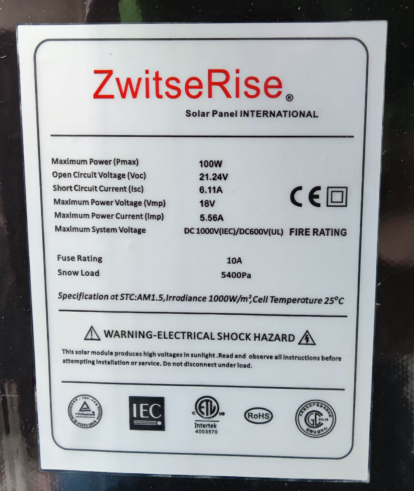 ZwitseRise 100W Solar Panel 1200 x 530 x 35 mm electrical specifications label with safety and certification details