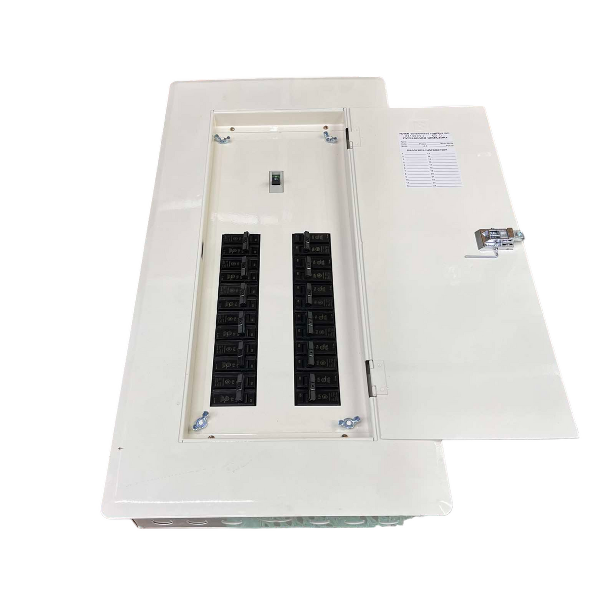 Koten and GE electrical panel with 12 Branches 2 Pole Bolt On circuit breakers and open white metal door