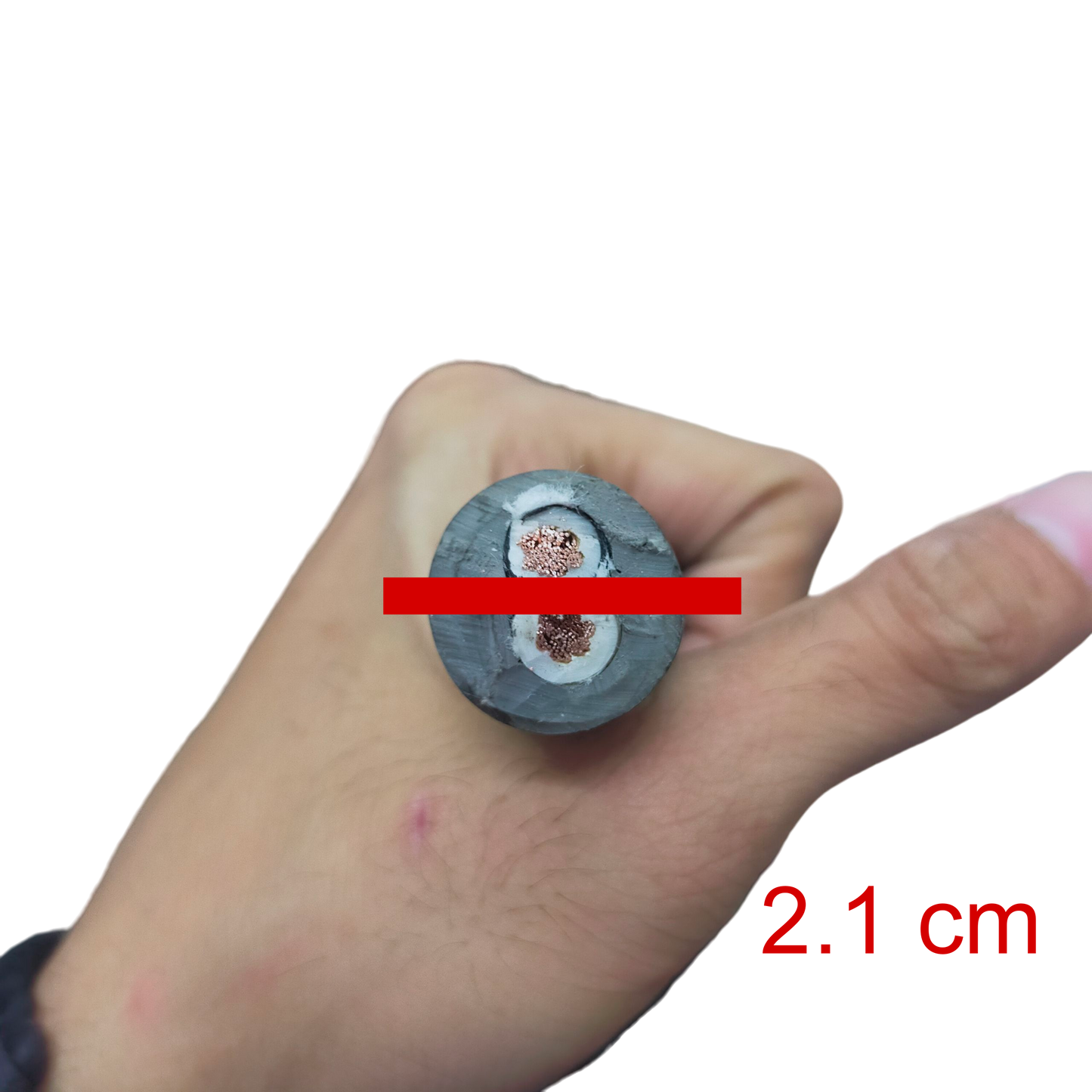 Phelps Dodge 14mm 2 core electrical wire roll held in hand showing copper conductors inside