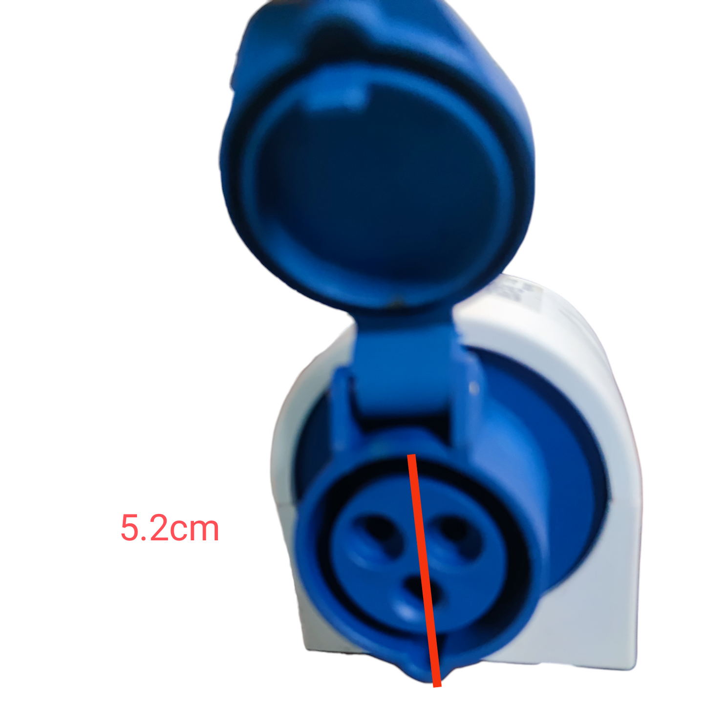 Sassin 16A Industrial Outlet 2P with blue protective cover open showing two-pin socket and white base