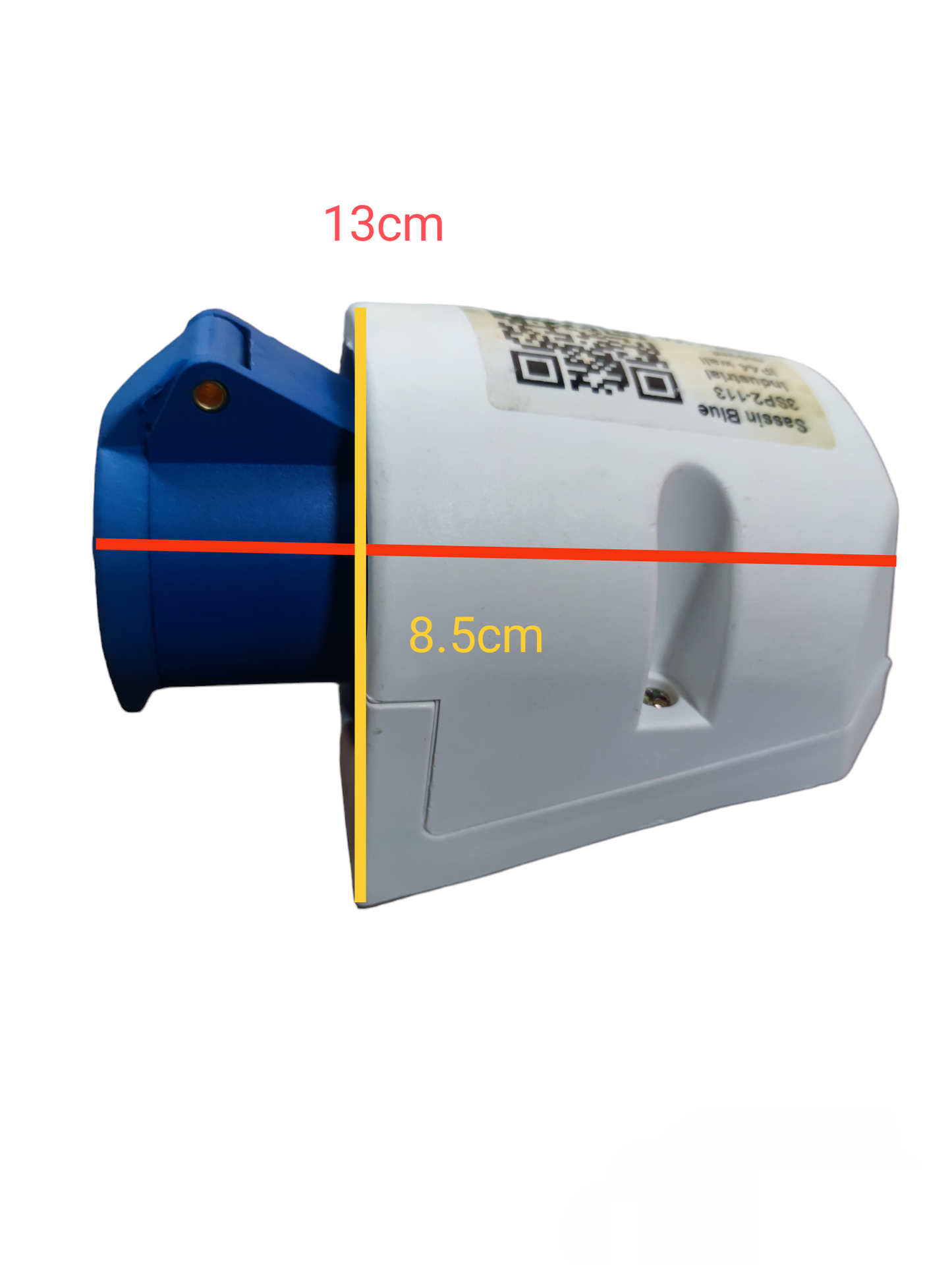 Sassin 16A Industrial Outlet 2P in white and blue with product dimensions shown