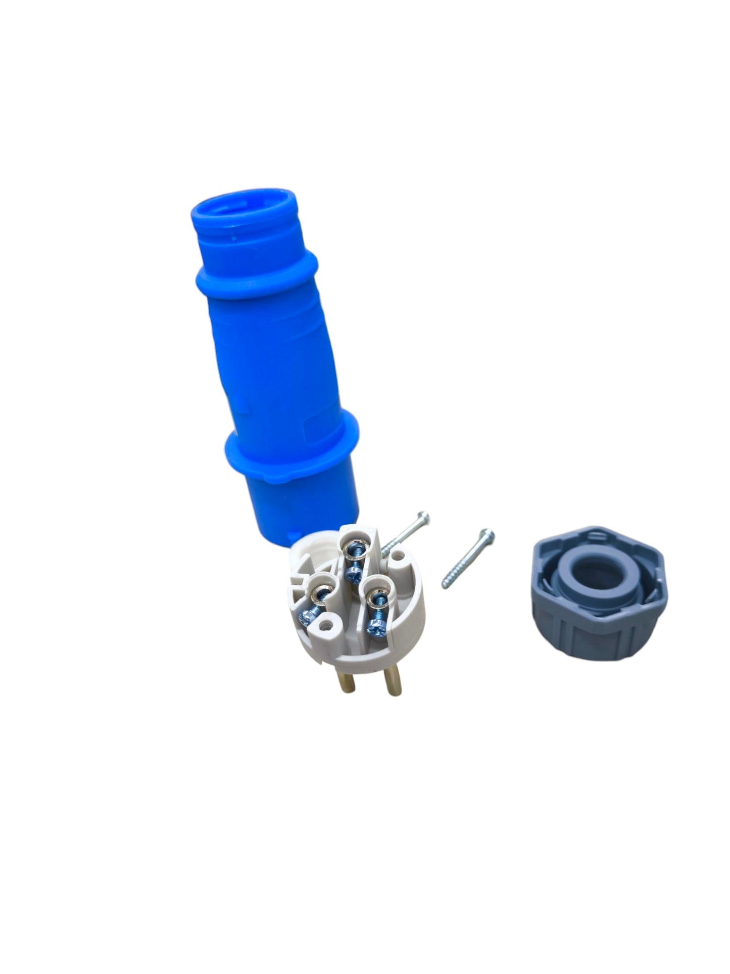 Grippes 16A weatherproof industrial plug connector disassembled showing blue casing and internal wiring parts
