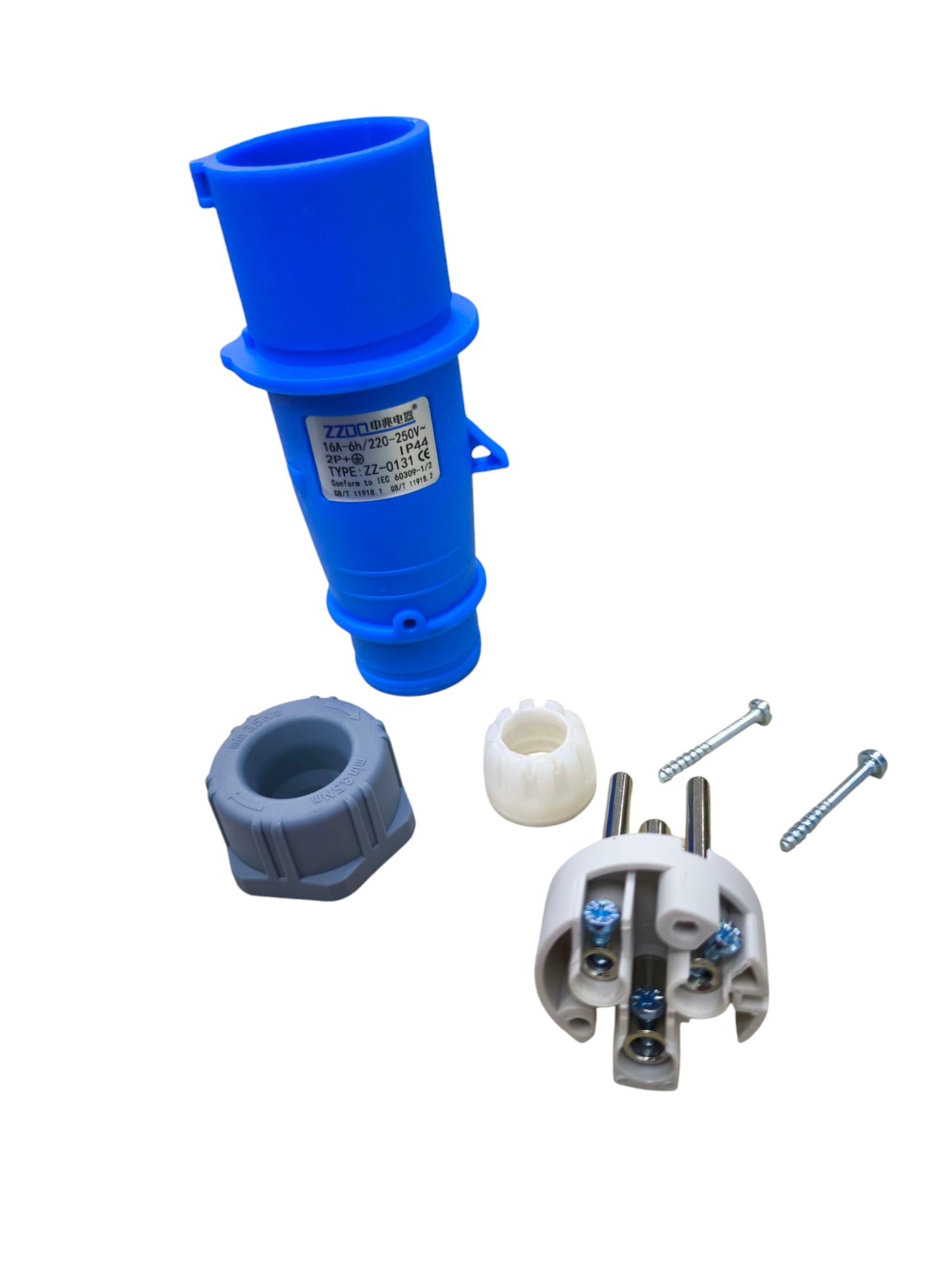 Grippes 16A weatherproof industrial plug connector in blue with assembly parts and screws
