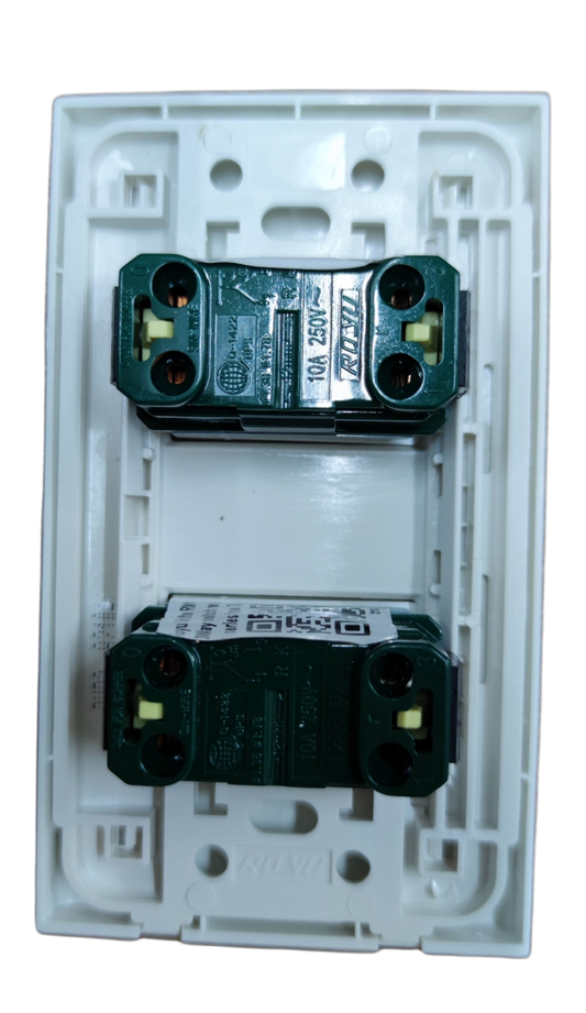 Royu 2 gang 3 way switch with plate white plastic double rocker module rear view showing screw terminals