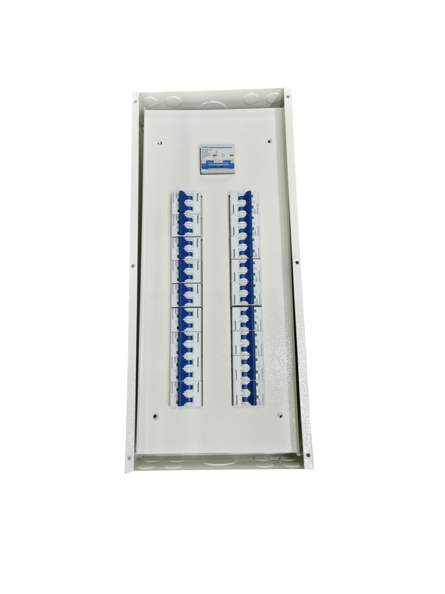 Chint 2 pole main 18 branch breaker panel with blue switches in white metal enclosure
