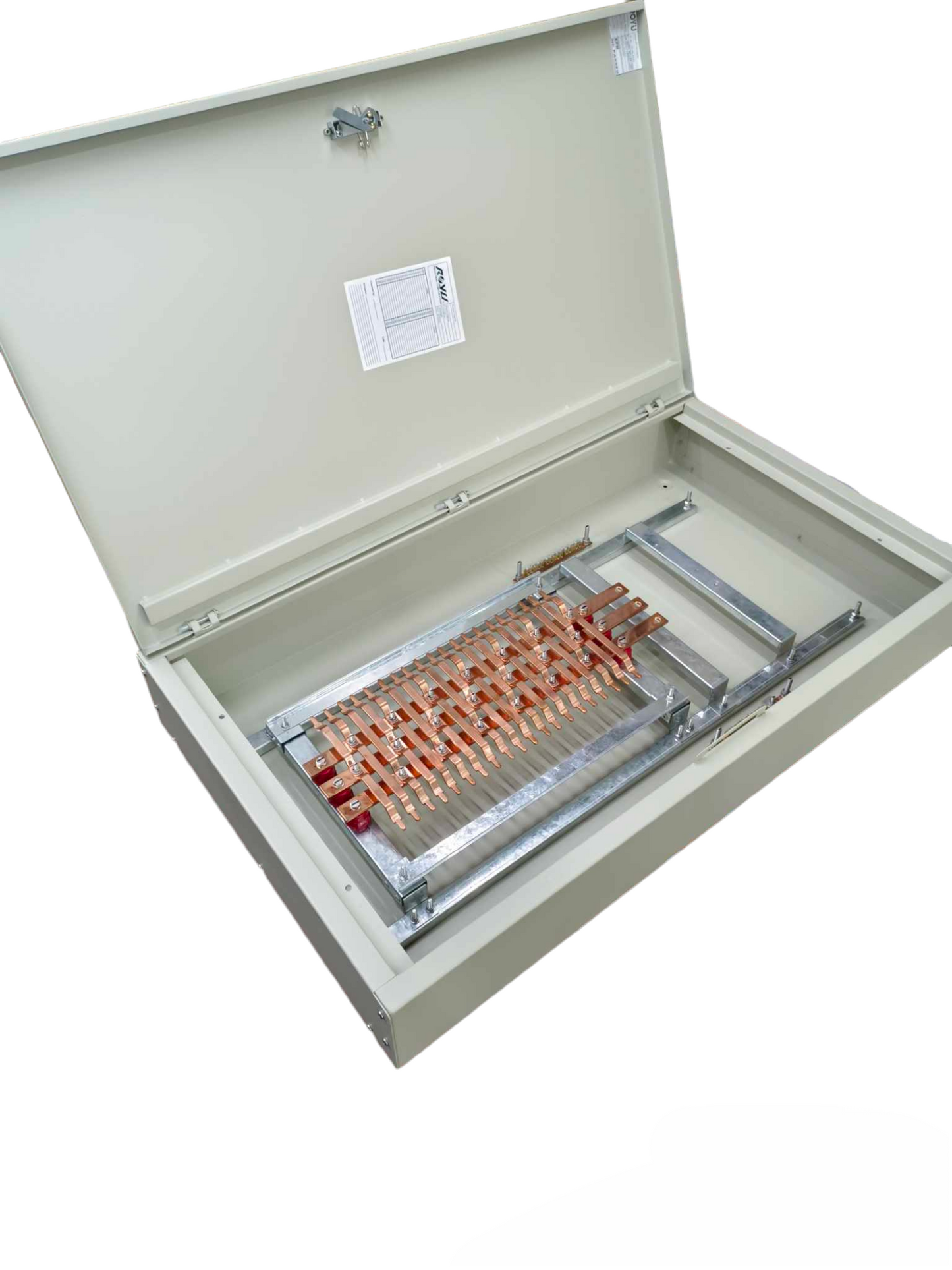 Schneider 20 branch circuit breaker panel with open cover showing internal copper bus bars and metal frame