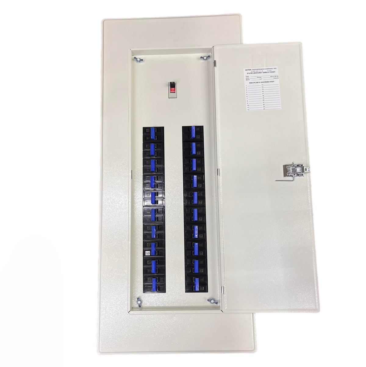 Koten 20 Branches Panel Bolt-on 2P 175A . Beige metal distribution panel with open door showing two rows of circuit breakers