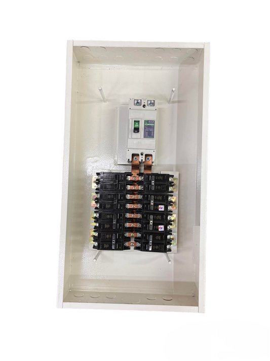 Koten and GE 200A 2 pole panel board with multiple circuit breakers in white enclosure