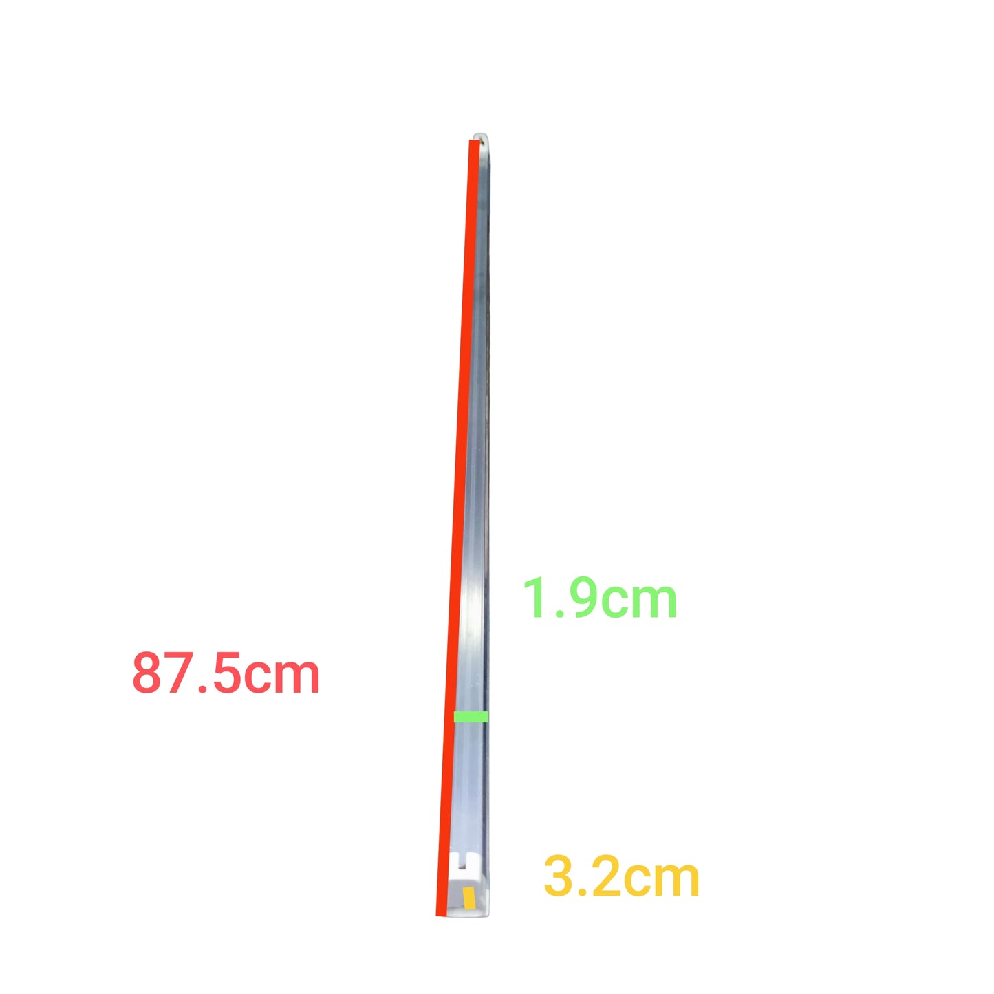 Biglite 21W T5 fixture side view showing slim profile with dimensions 87.5 cm long 1.9 cm wide and 3.2 cm deep