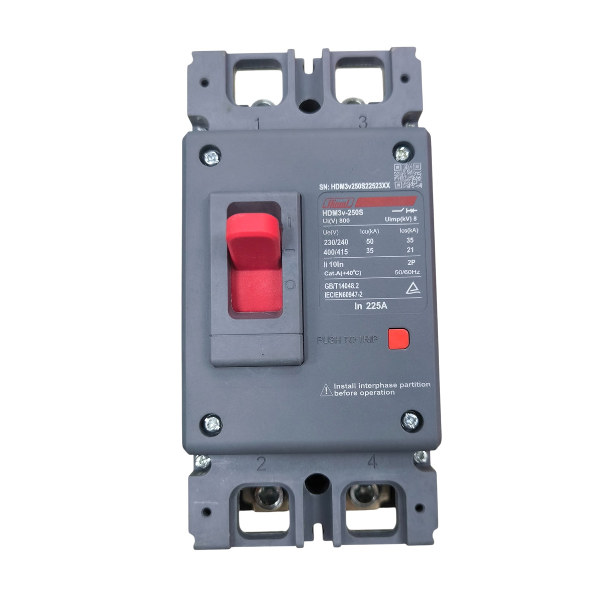 Himel breaker 225A 2 Pole 220V 36KAIC 400V AC switch with red toggle and gray casing
