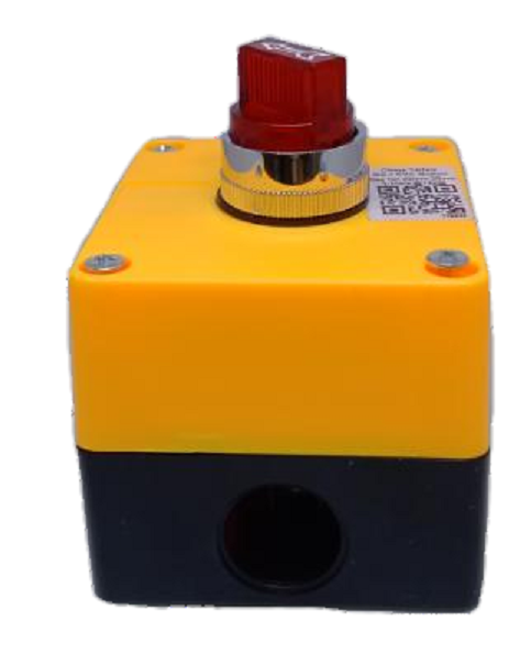 Auspicious 22mm illuminated selector switch with red knob mounted on yellow and black safety box