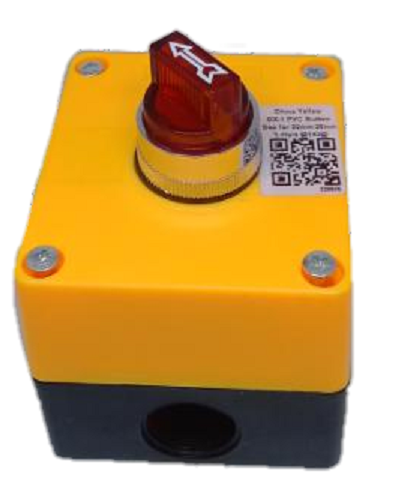 Auspicious 22mm illuminated selector switch with red knob mounted on yellow and black enclosure box