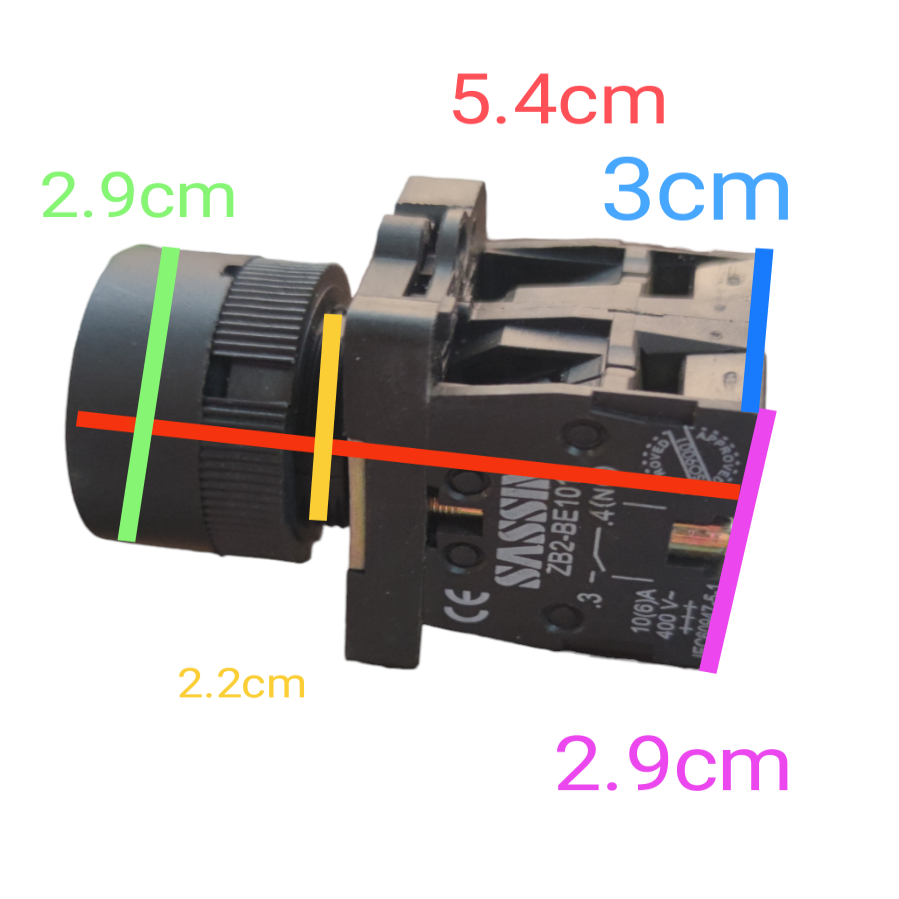 Sassin 22mm Push Button Switch 1NO 1NC for door chimes and bells with compact design and marked dimensions