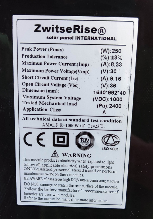 ZwitseRise 250W Solar Panel 1640 x 992 x 40 mm technical specification label with power and voltage details
