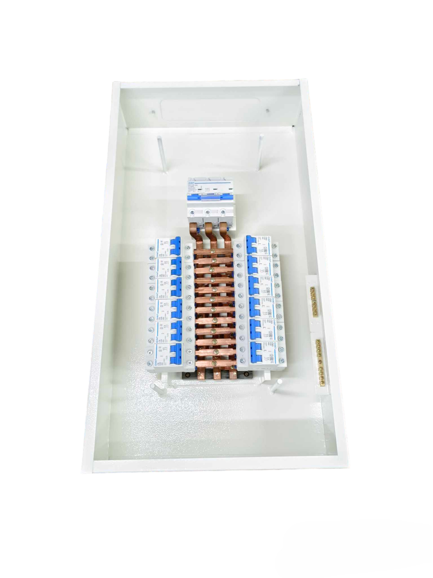 Chint 3 phase panel board with circuit breakers and copper busbars inside white enclosure
