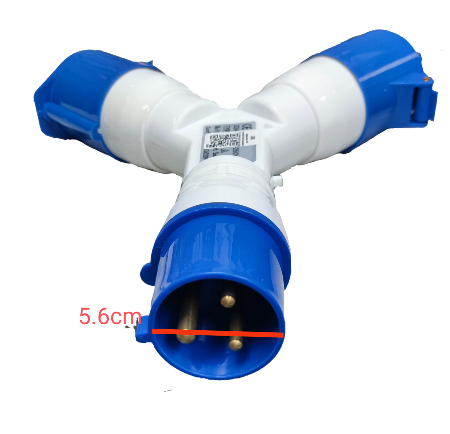 Grippes 32A industrial plug splitter with three blue and white connectors for heavy-duty electrical use