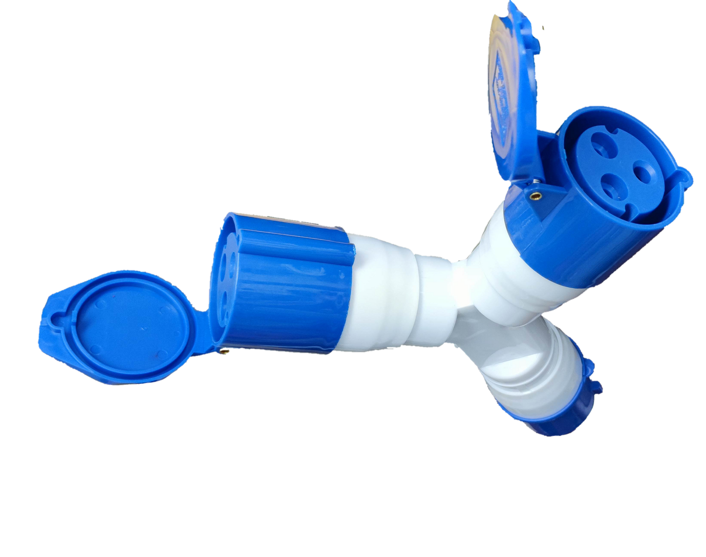 Grippes 32A industrial plug splitter in blue and white with three sockets and protective covers