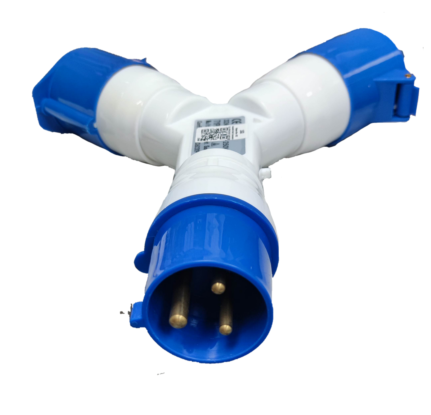 Grippes 32A industrial plug splitter with blue and white design for electrical circuitry use