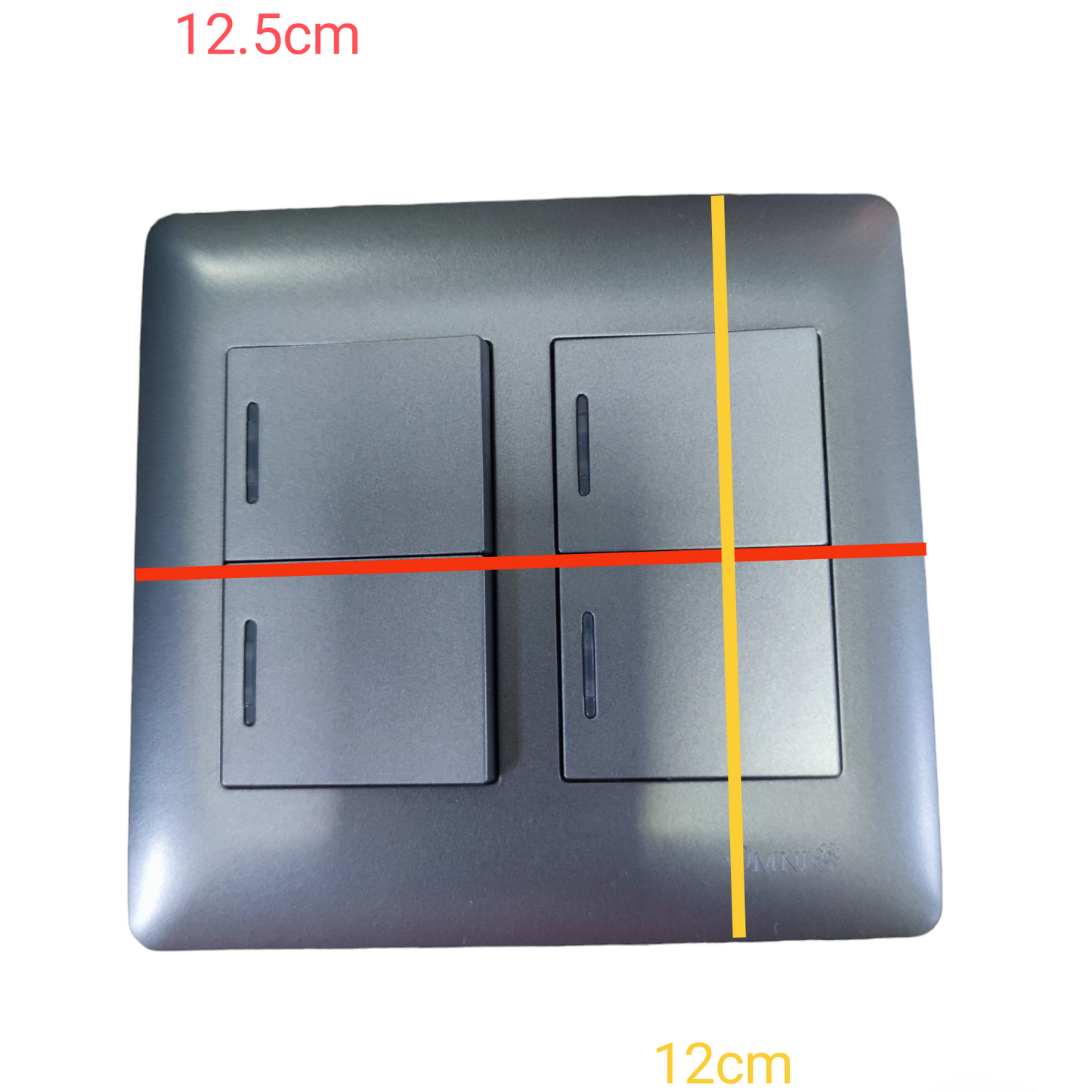 Omni 4 gang illuminated wall switch in matte gray with four rectangular rocker switches