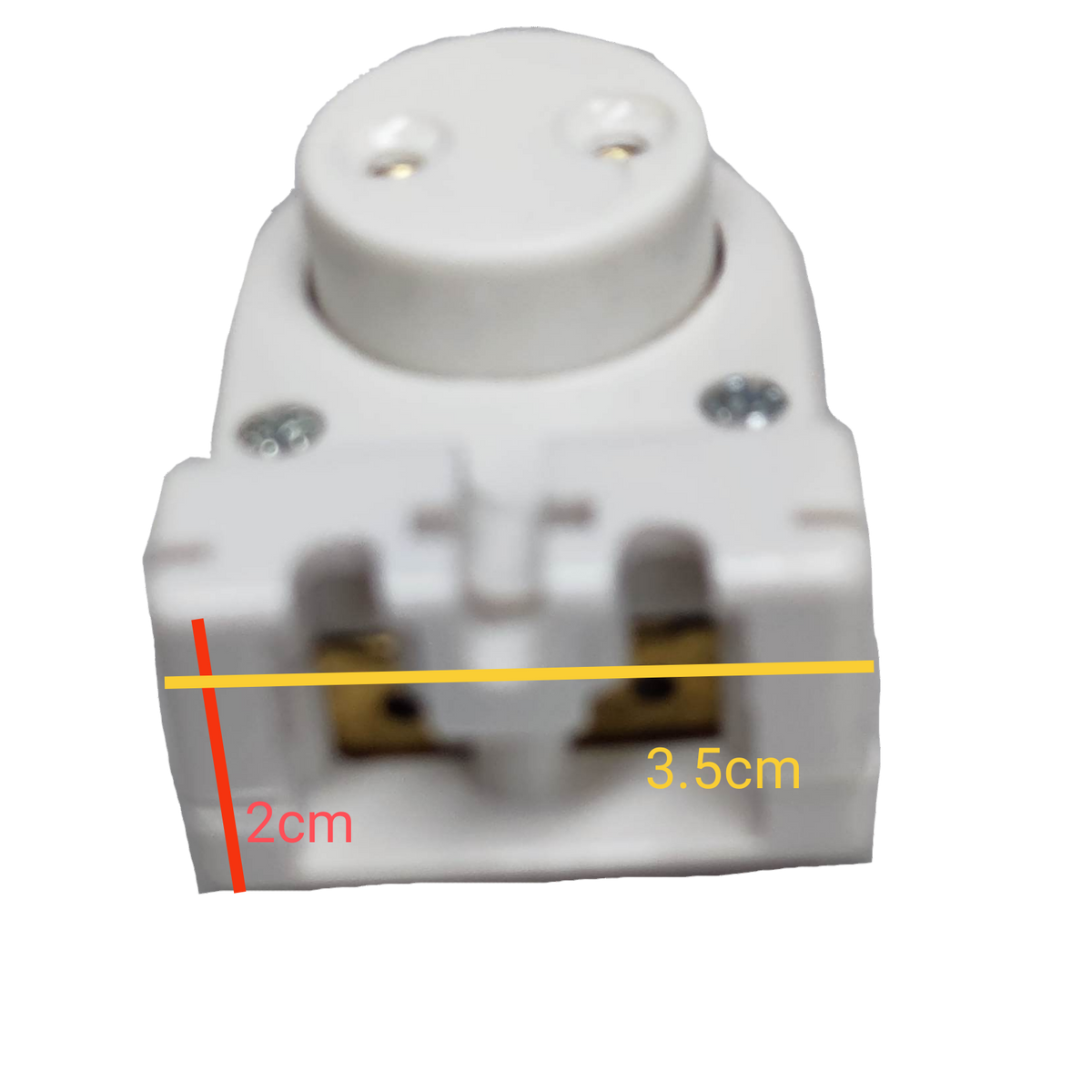 Kopez fluorescent tube holder spring type in white plastic with metal contacts and measurement markings