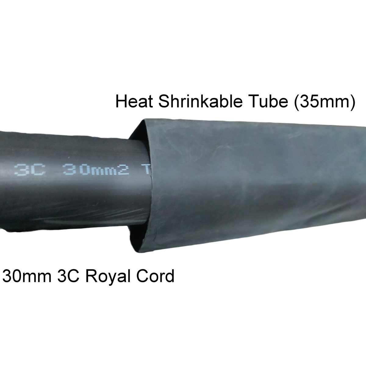 Black Heat Shrinkable Tube Black cable management sleeve partially covering a thick electrical wire