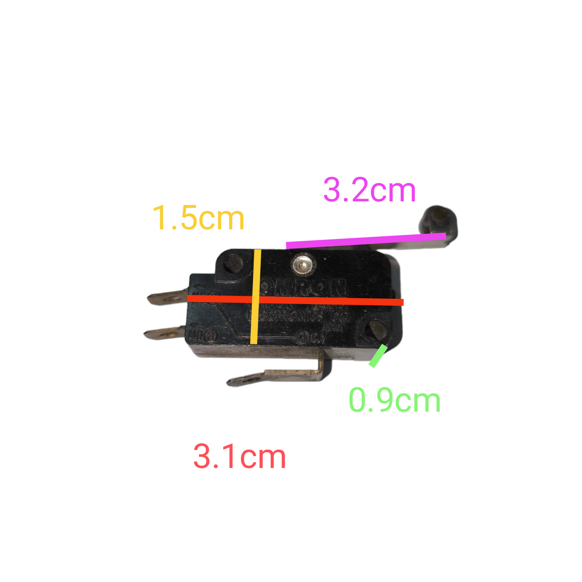 Omron Microswitch 1NO 1NC 2A 250V with metal lever and three terminals showing dimensions
