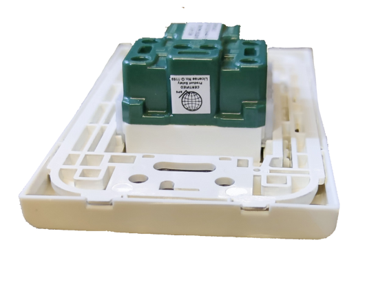 Panasonic Quick Connect Tandem Outlet 1 Gang 20A rear view green module on white wall plate