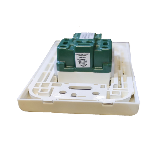 Panasonic Quick Connect Tandem Outlet 1 Gang 20A rear view green module on white wall plate