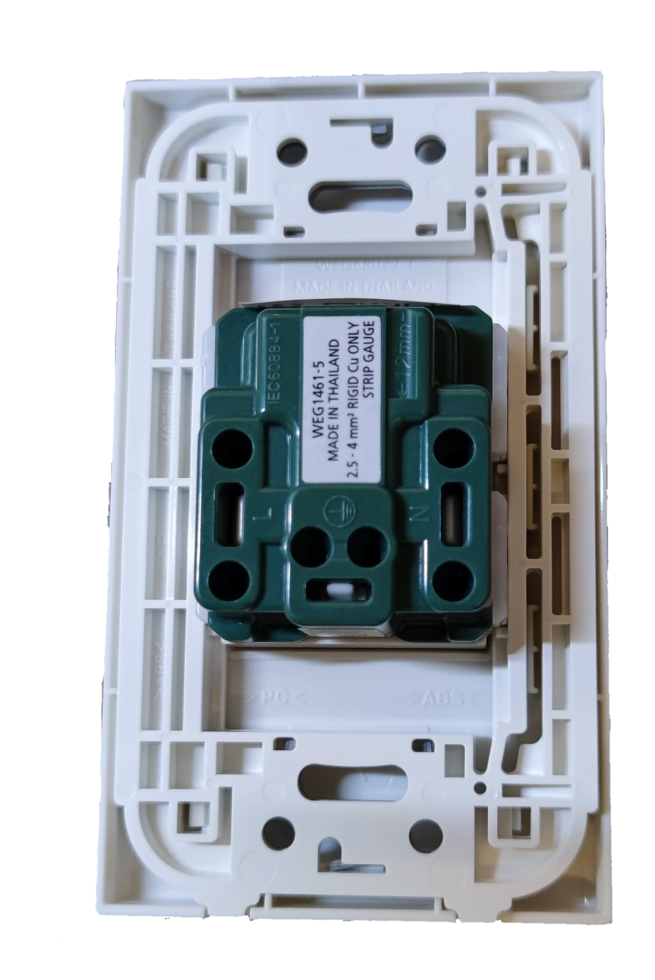 Panasonic Quick Connect Tandem Outlet 1 Gang 20A green outlet module installed in white wall plate frame