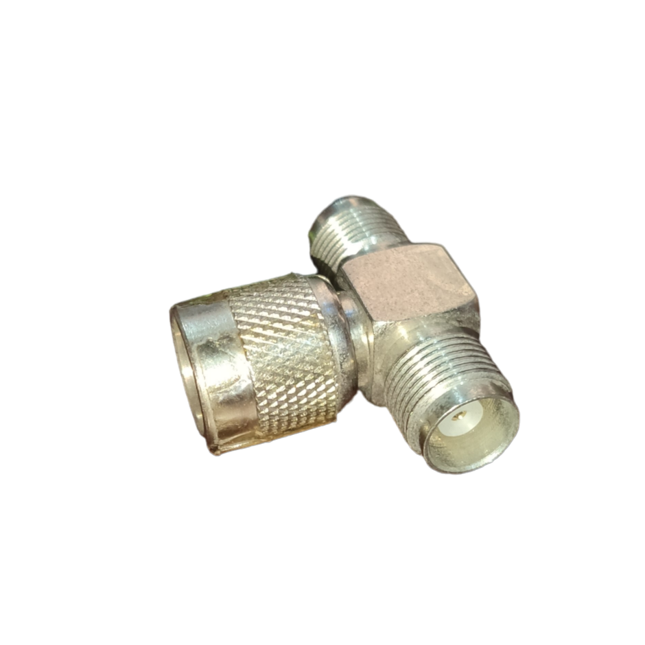 Close-up of a metal TNC T Type Connector used in electrical circuitry and parts