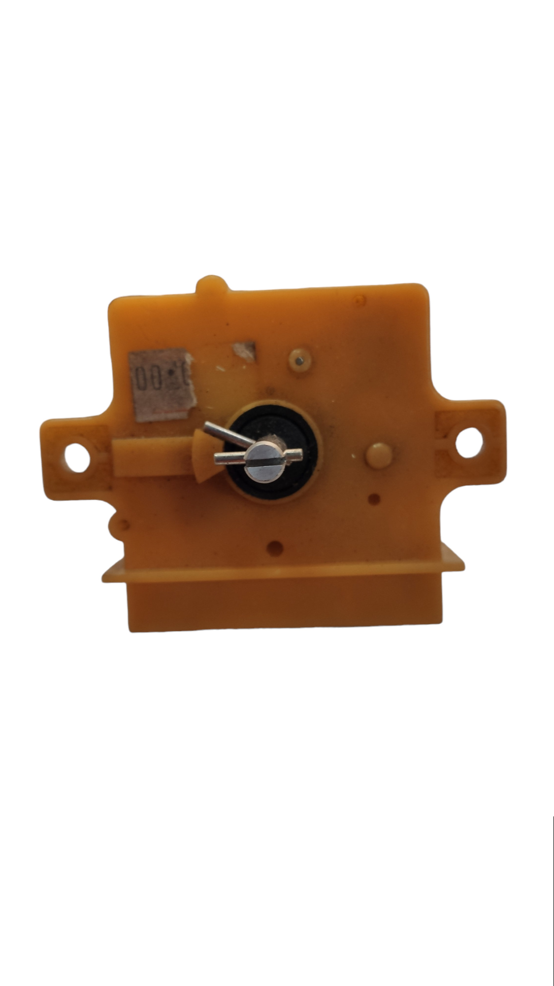 Yellow plastic washing machine timer part with central metal dial for laundry appliance repair