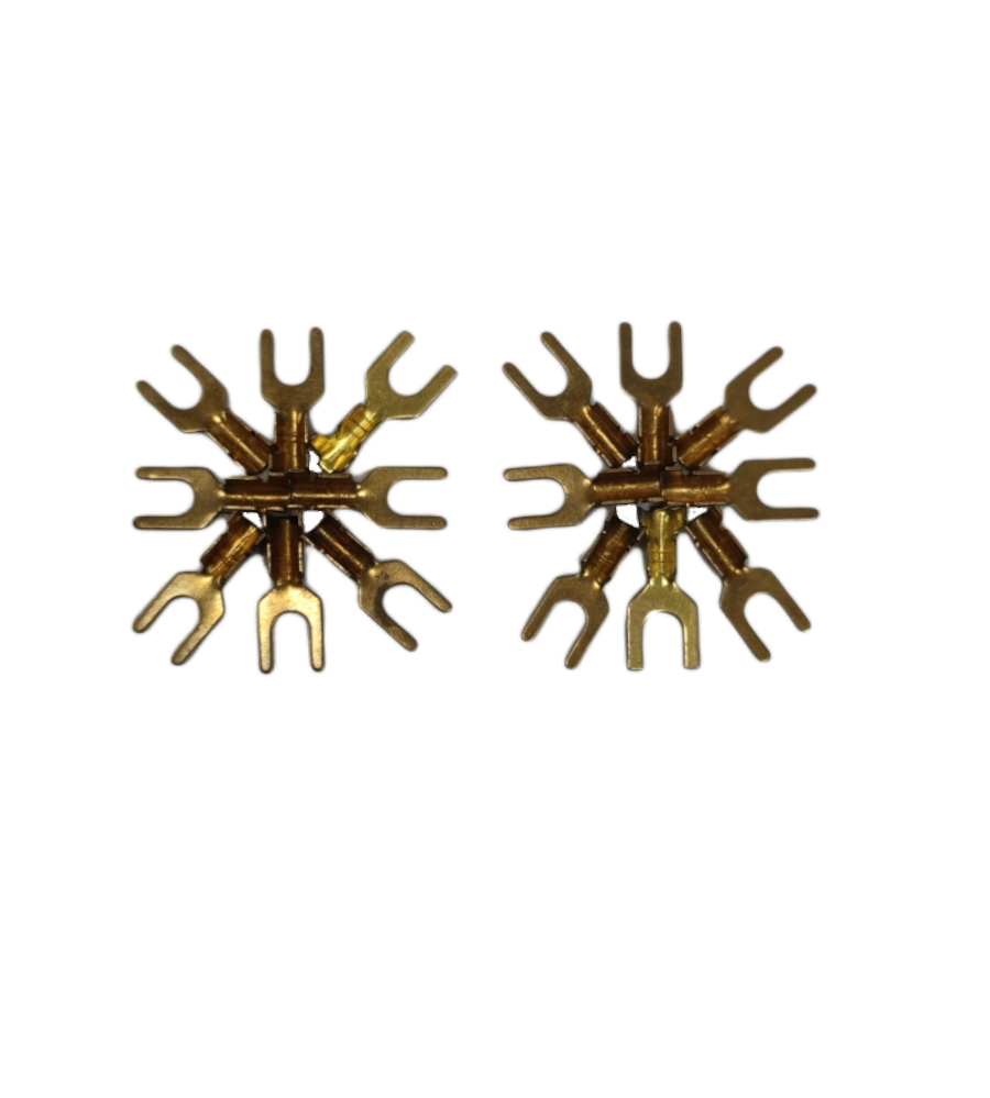 Two gold plated Y Terminal 2.0mm Y-111 electrical connectors arranged on black background