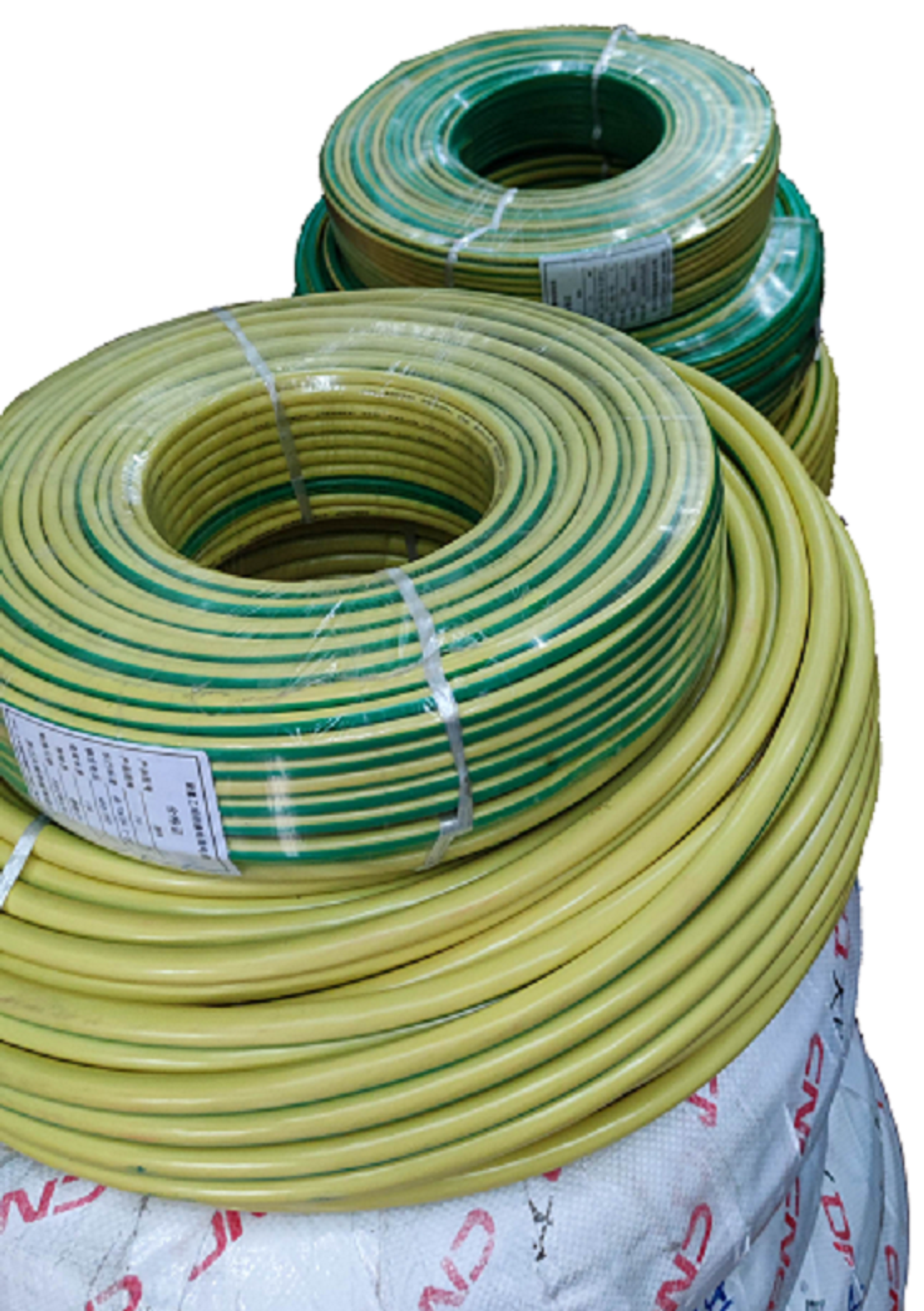 Coils of yellow and green grounding cable from China showing yellow green earth wire 90 meters for electrical grounding