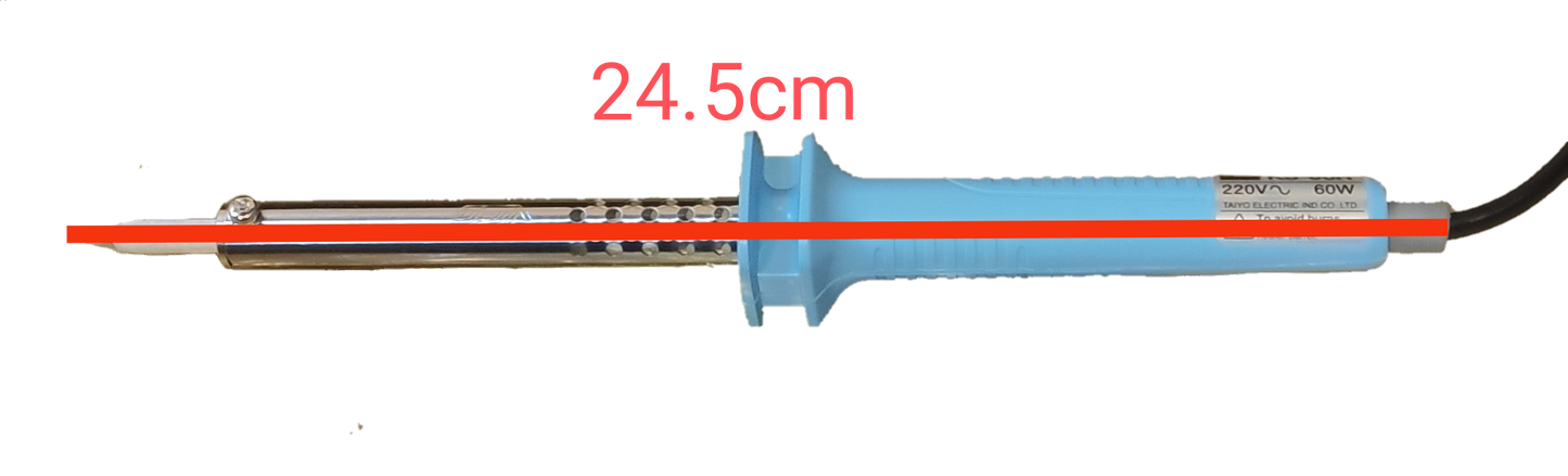 Goot 60W soldering iron with blue handle and long pointed metal tip measuring 24.5 cm