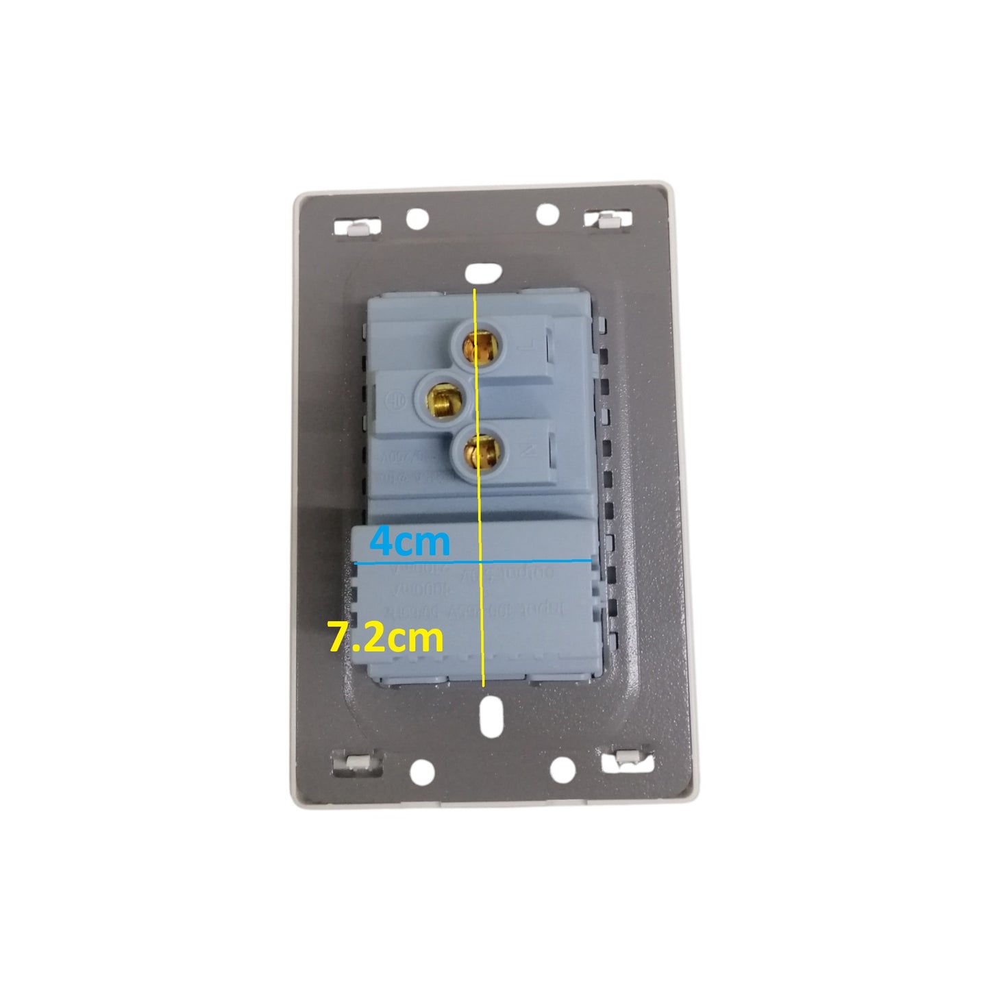 Grazen 1 gang outlet with USB-C and USB-A showing back view with wiring connections and dimensions