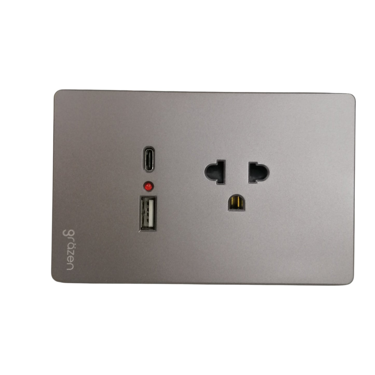 Grazen 1 gang outlet with USB-C and USB-A ports in sleek gray design for versatile charging