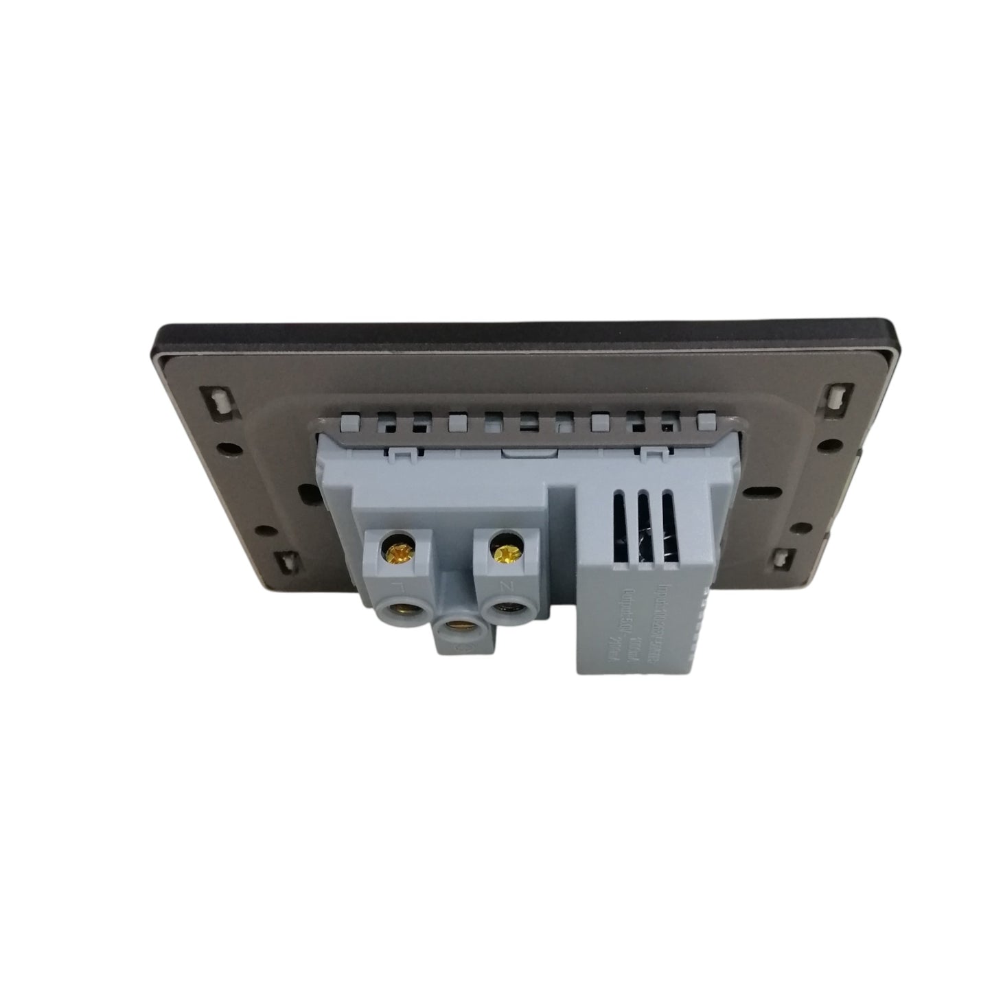 Grazen 1 gang outlet with USB-C and USB-A showing the back wiring and mounting plate in black and gray
