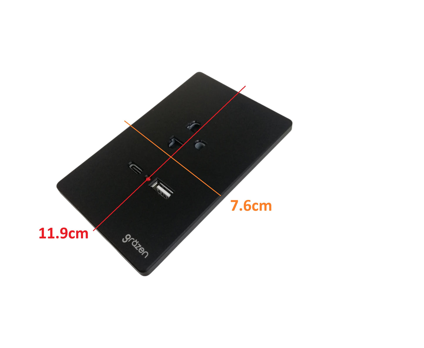 Grazen black 1 gang outlet with USB-C and USB-A featuring compact design with power socket