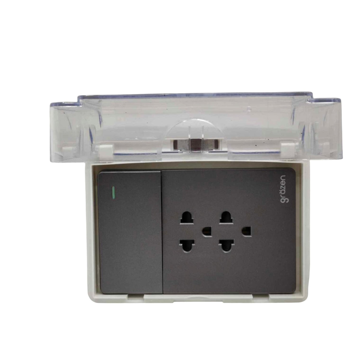 A wall-mounted electrical outlet socket with a transparent protective cover partially open, featuring a dark gray control panel and a three-pin power outlet on a white base.