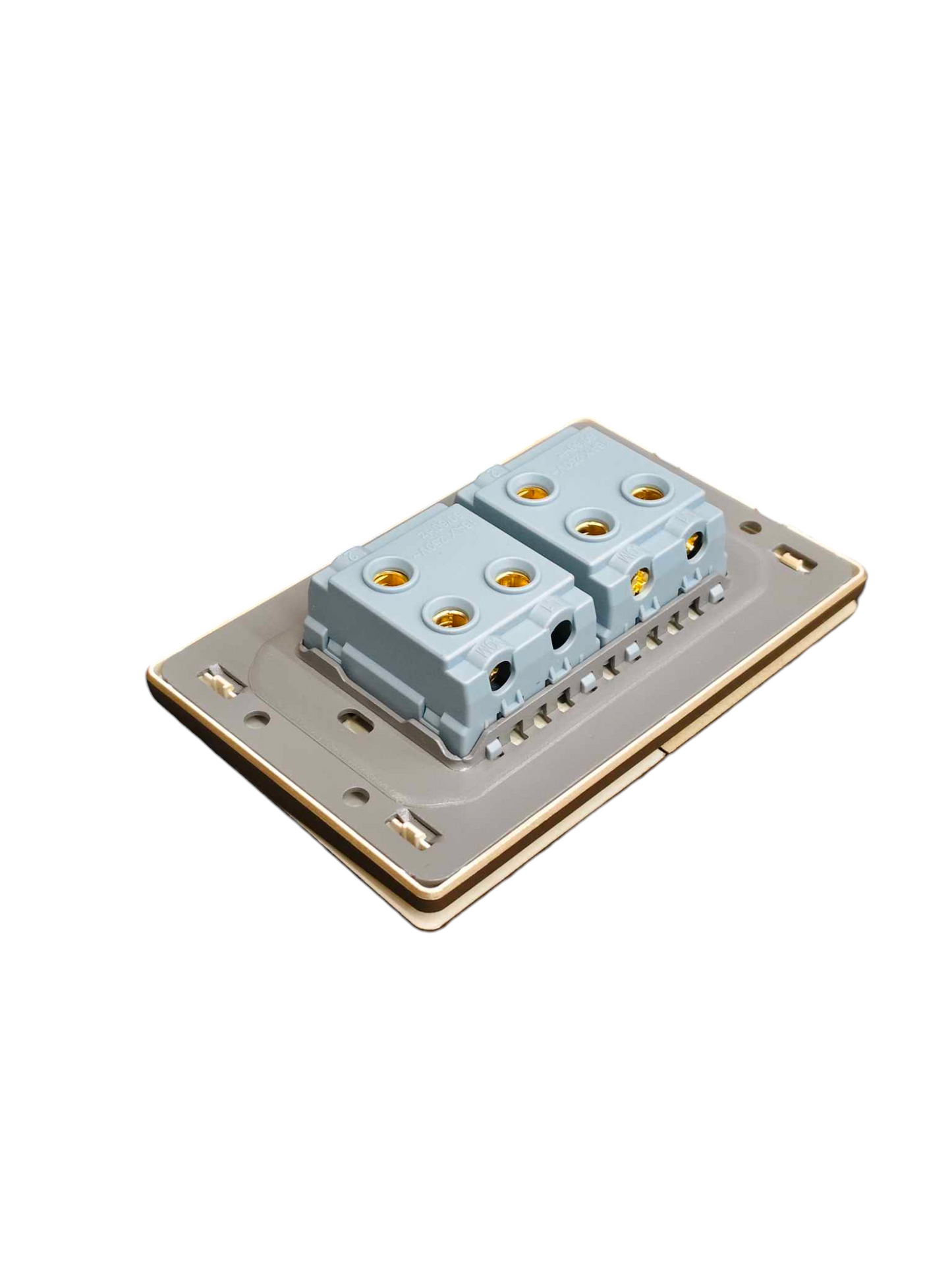 Grazen 2 gang 3 way switch gold back view showing terminal connectors and mounting plate