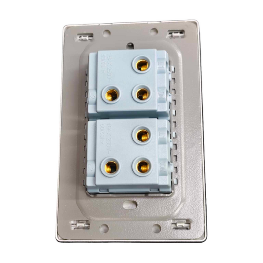 Grazen 2 gang 3 way switch gold showing rear wiring terminals and mounting plate