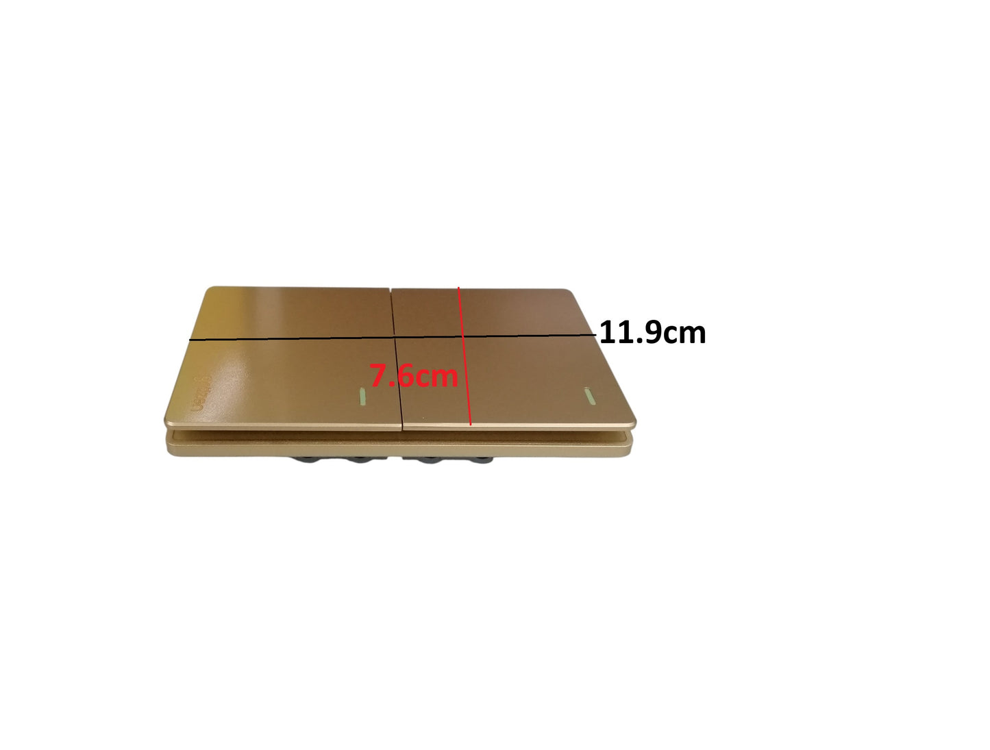Grazen 2 gang 3 way switch gold with dimensions 11.9 cm by 7.6 cm shown on white background